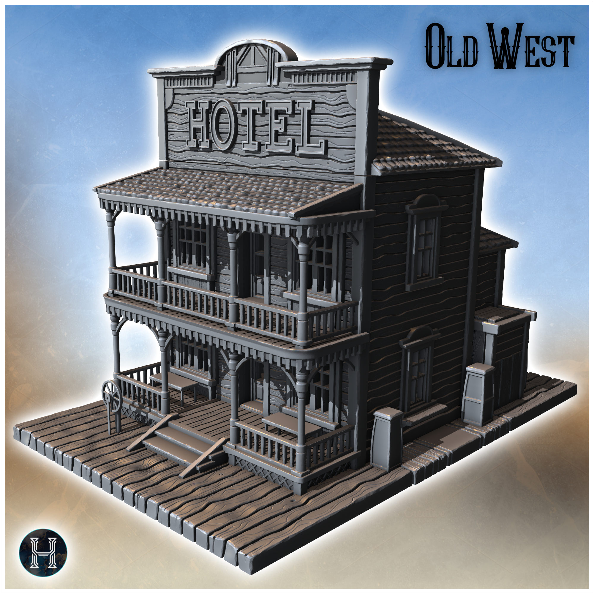Three-story wooden hotel with balconies, intricate wooden columns, and detailed facade (5) - Cowboy USA America ACW American Civil War History Historical